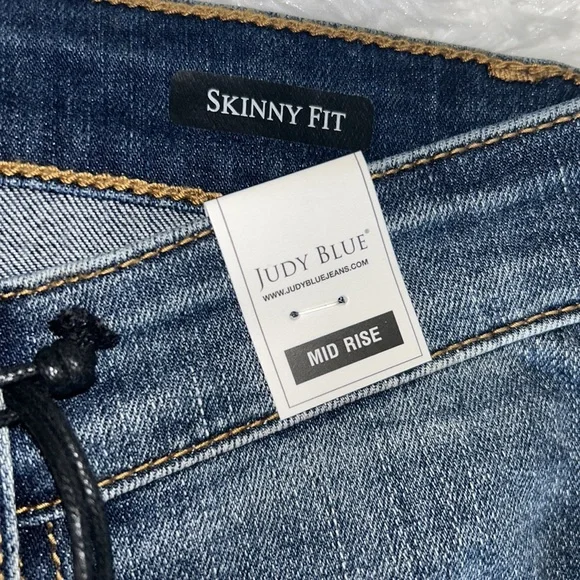 Judy Blue Distressed Blue Jeans with Red Plaid Accents - Picture 3 of 6